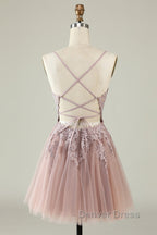 Open Back V Neck Pink Lace Appliques Prom Dress, Pink Lace Homecoming Dress, Short Pink Prom Graduation Prom Dresses
