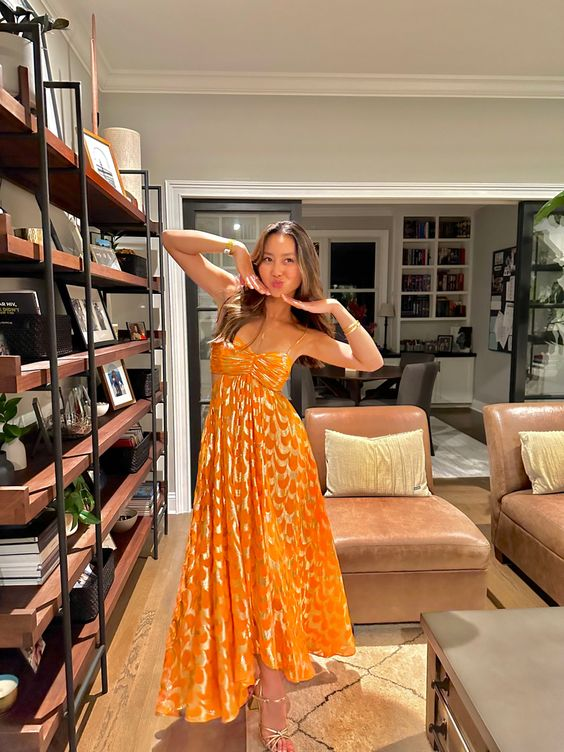 Orange A-Line Spaghetti Straps Chic Long Prom Dresses