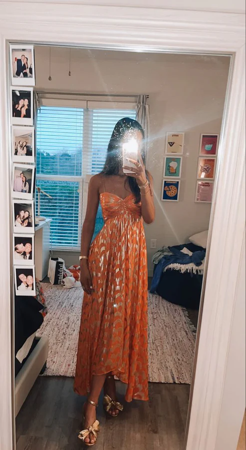 Orange A-Line Spaghetti Straps Chic Long Prom Dresses