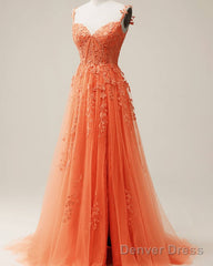 Orange A-Line Tulle Split Dress With Lace Appliques