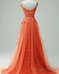 Orange A-Line Tulle Split Dress With Lace Appliques