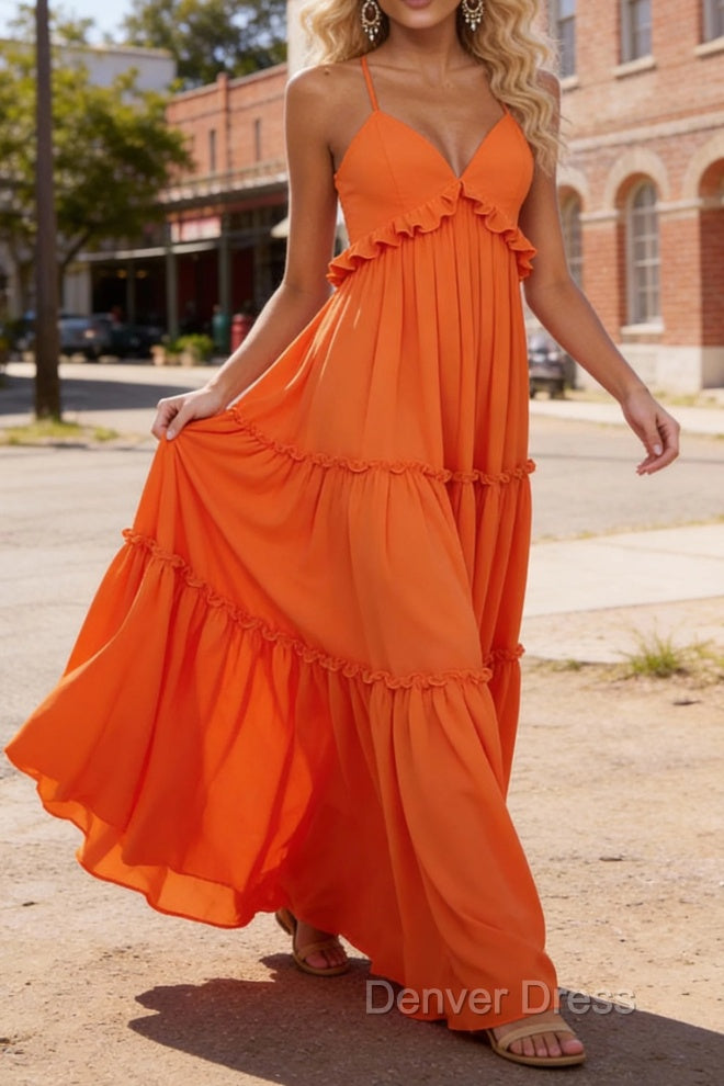 Orange A-line V Neck Sleeveless Floor-Length Chiffon Prom Dress Long Prom Dresses Backless with Pleated Ruffles Secondary image