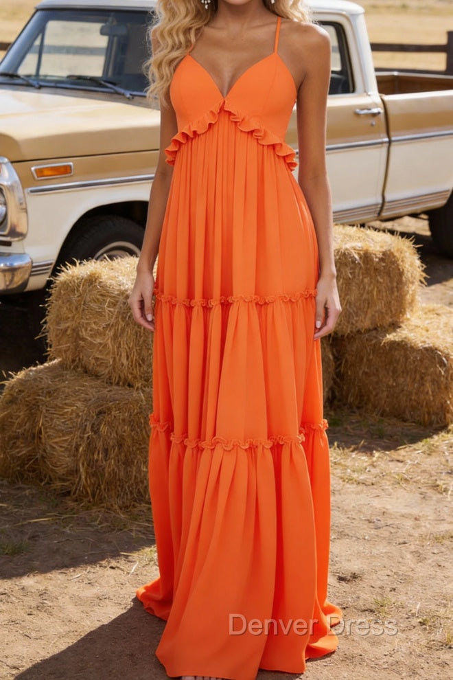 Orange A-line V Neck Sleeveless Floor-Length Chiffon Prom Dress Long Prom Dresses Backless with Pleated Ruffles
