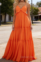 Orange A-line V Neck Sleeveless Floor-Length Chiffon Prom Dress Long Prom Dresses Backless with Pleated Ruffles