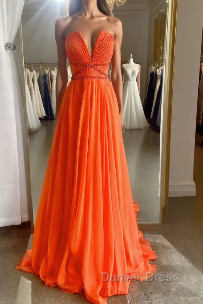 Orange Aline chiffon long prom Dress, orange long Prom Dresses
