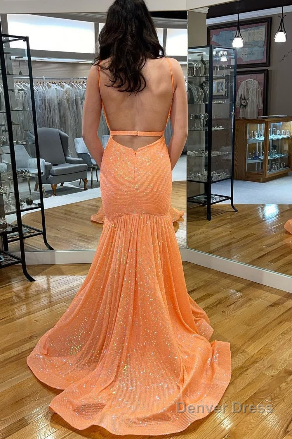 Orange Backless Sequins Mermaid Prom Dresses