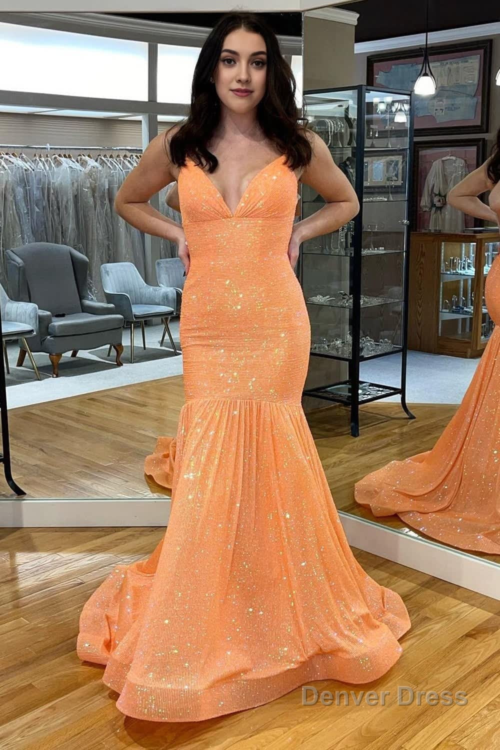 Orange Backless Sequins Mermaid Prom Dresses Main image