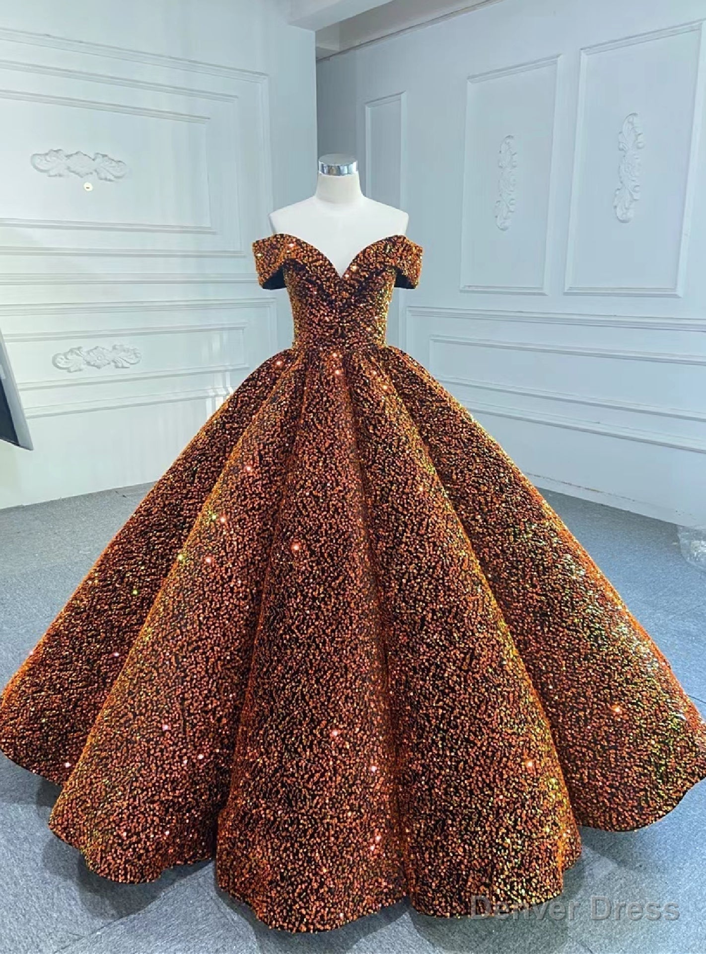 Orange Ball Gowns Sequins Off the Shoulder Prom Dresses