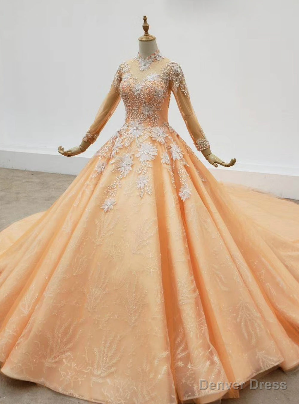 Orange Ball Gowns Tulle High Neck Long Sleeve Sequins Appliques Wedding Dresses