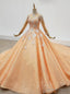 Orange Ball Gowns Tulle High Neck Long Sleeve Sequins Appliques Wedding Dresses