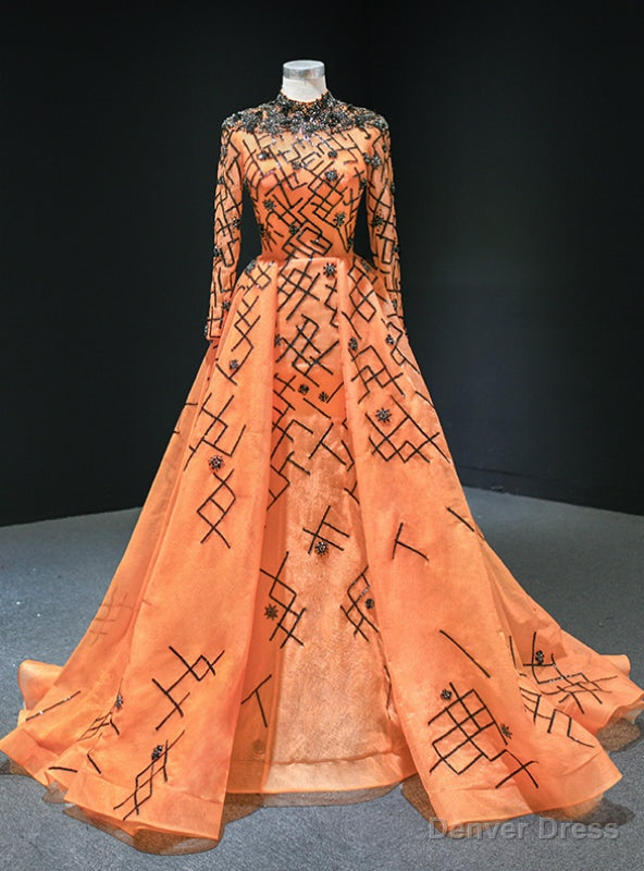 Orange Ball Gowns Tulle Sequins Long Sleeve High Neck Prom Dresses