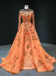 Orange Ball Gowns Tulle Sequins Long Sleeve High Neck Prom Dresses