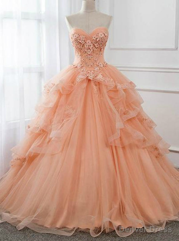 Orange Ball Gowns Tulle Strapless Ruffles Long Sweet 16 Quinceanera Dresses