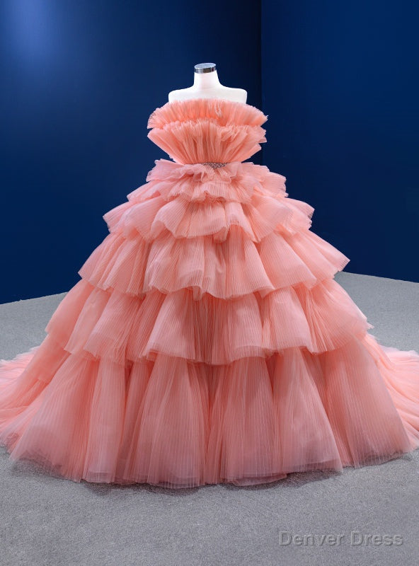 Orange Ball Gowns Tulle Strapless Tiers Prom Dresses