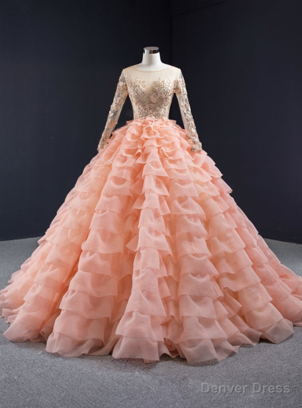 Orange Ball Gown Tulle Tiers Long Sleeve Appliques Prom Dress Main image