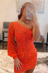 orange beaded sequins one shoulder tight homecoming dress