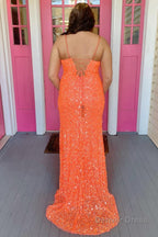 Orange Lace Up Sequins Prom Dresses with Slit