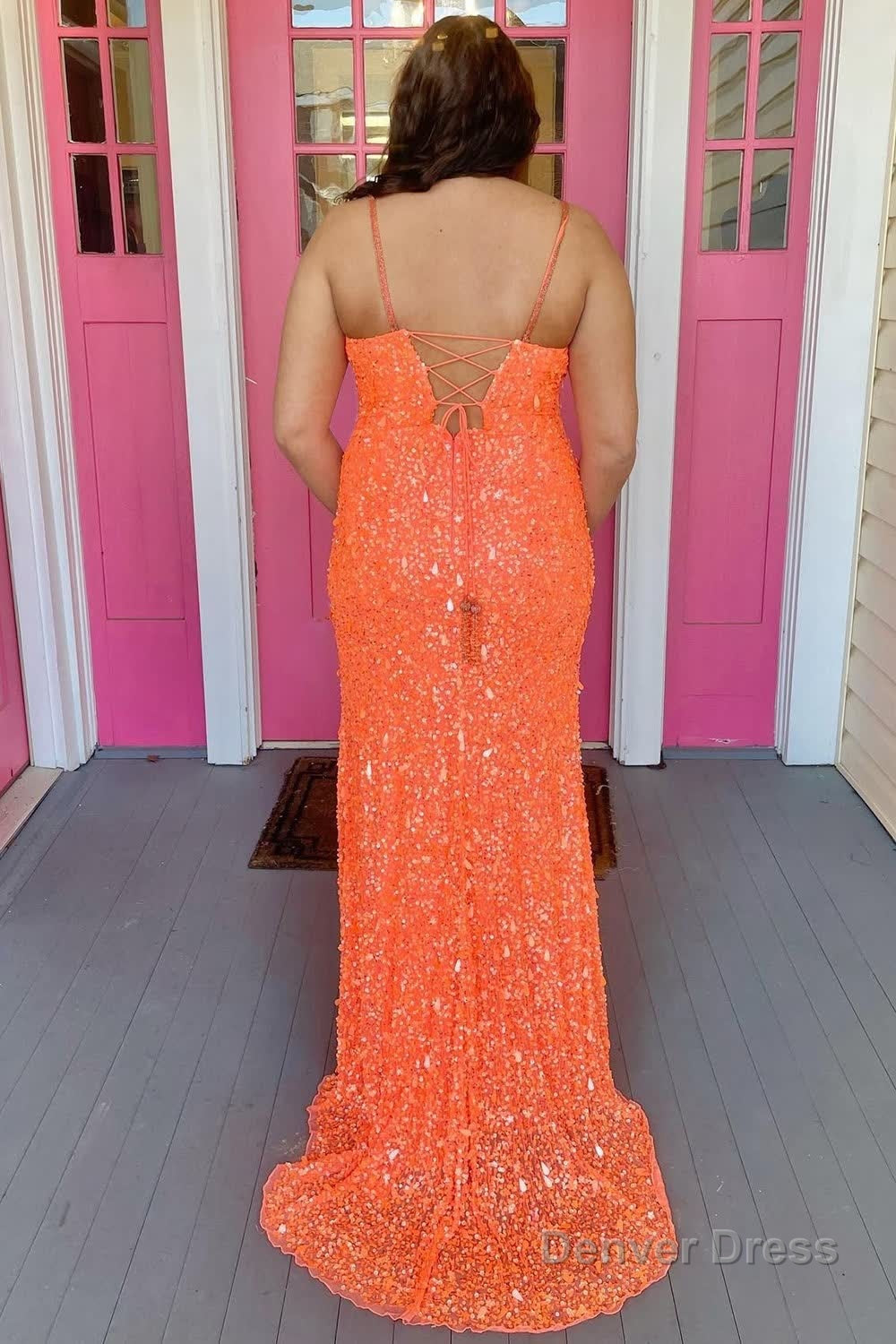 Orange Lace Up Sequins Prom Dresses with Slit