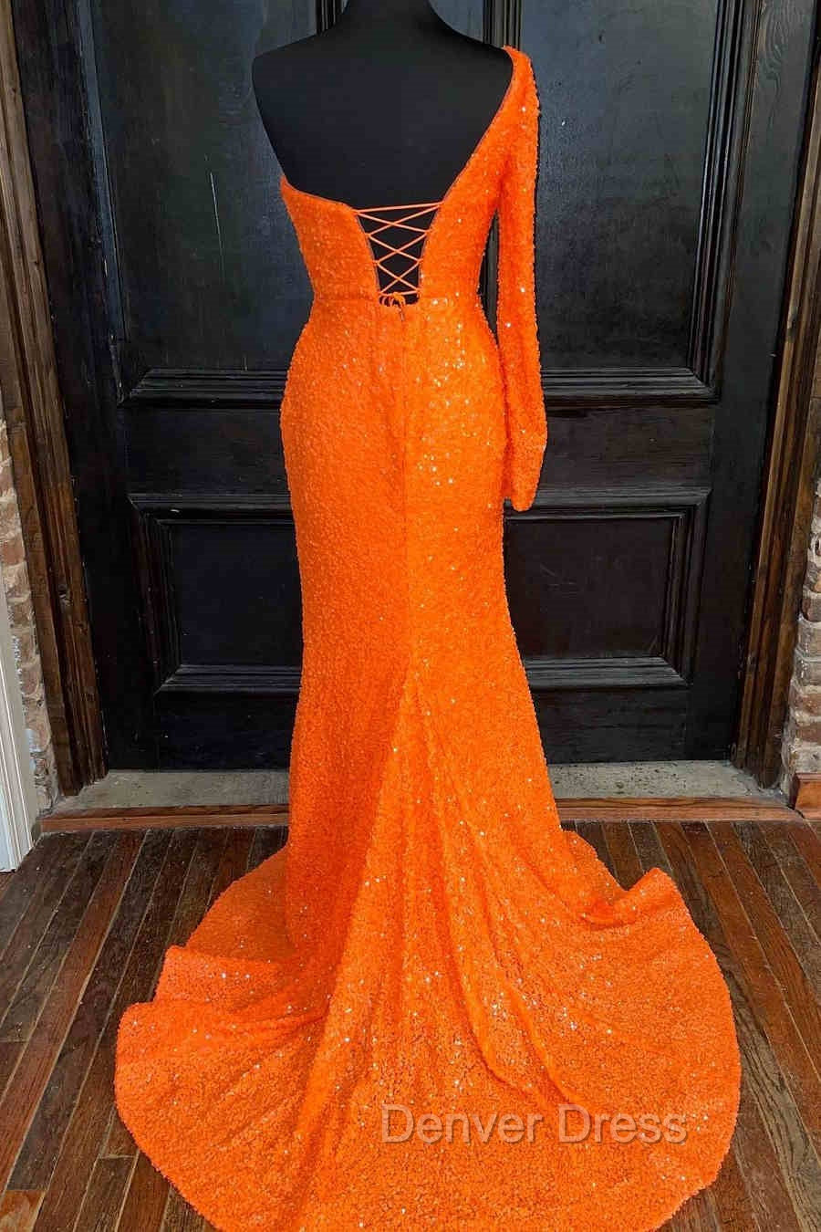 Orange Long Sleeve Sequined Prom Dresses With Slit