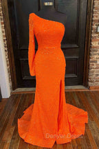 Orange Long Sleeve Sequined Prom Dresses With Slit