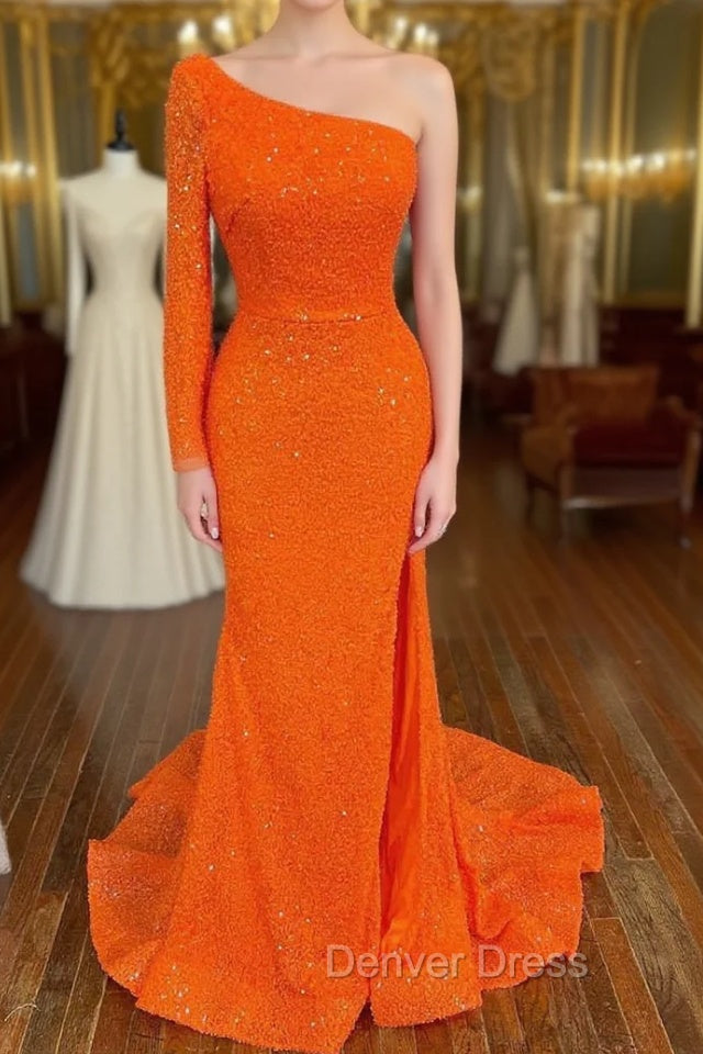 Orange Long Sleeve Sequined Prom Dresses With Slit Main image