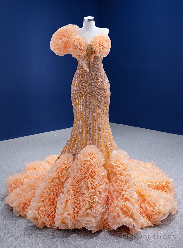 Orange Mermaid Organza Sequins Beading Prom Dresses