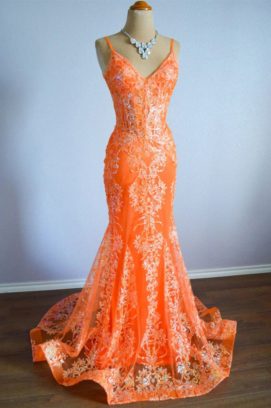 Orange Mermaid Spaghetti Straps Sequins Applique Long Prom Dresses Secondary image
