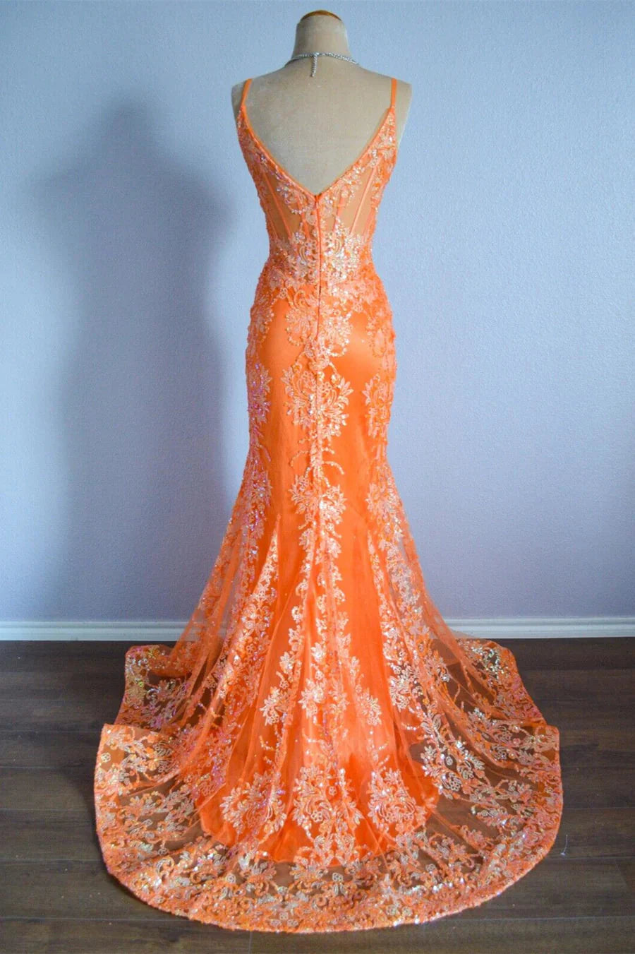 Orange Mermaid Spaghetti Straps Sequins Applique Long Prom Dresses