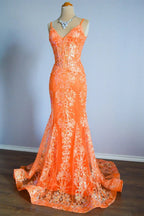 Orange Mermaid Spaghetti Straps Sequins Applique Long Prom Dresses