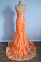 Orange Mermaid Spaghetti Straps Sequins Applique Long Prom Dresses Tulle Evening Dresses