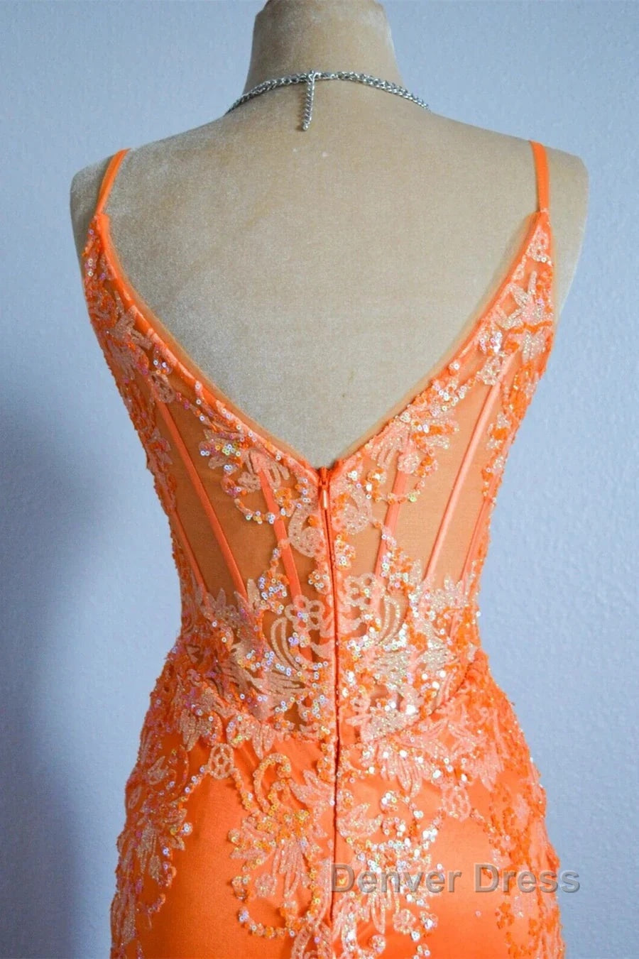 Orange Mermaid Spaghetti Straps Sequins Applique Long Prom Dresses Tulle Evening Dresses