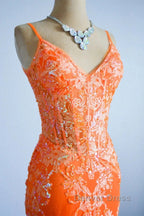 Orange Mermaid Spaghetti Straps Sequins Applique Long Prom Dresses Tulle Evening Dresses