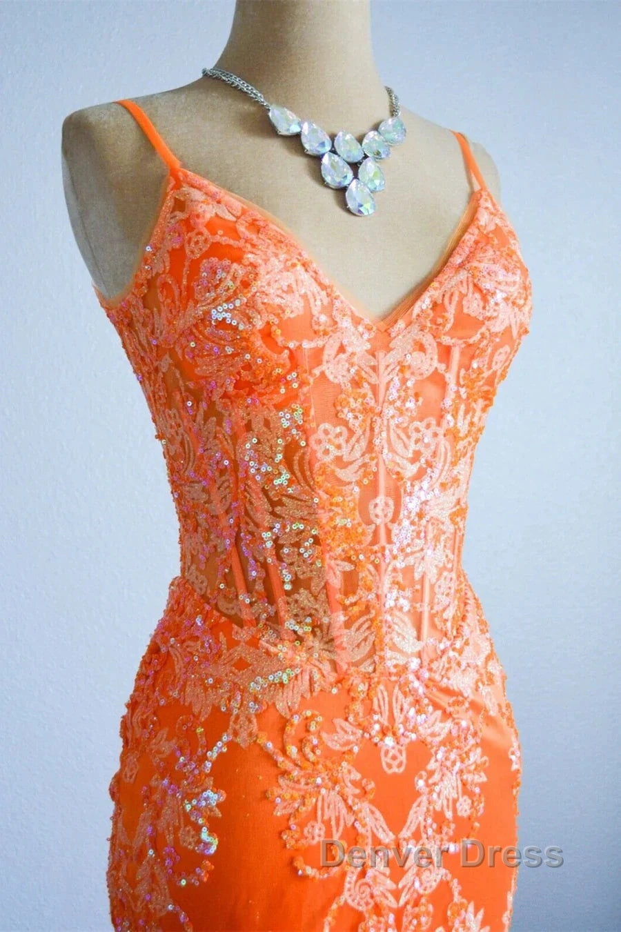 Orange Mermaid Spaghetti Straps Sequins Applique Long Prom Dresses Tulle Evening Dresses