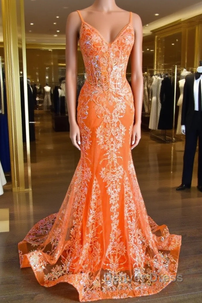 Orange Mermaid Spaghetti Straps Sequins Applique Long Prom Dresses Tulle Evening Dresses Main image