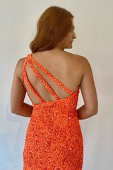 orange one shoulder sequined homecoming dress