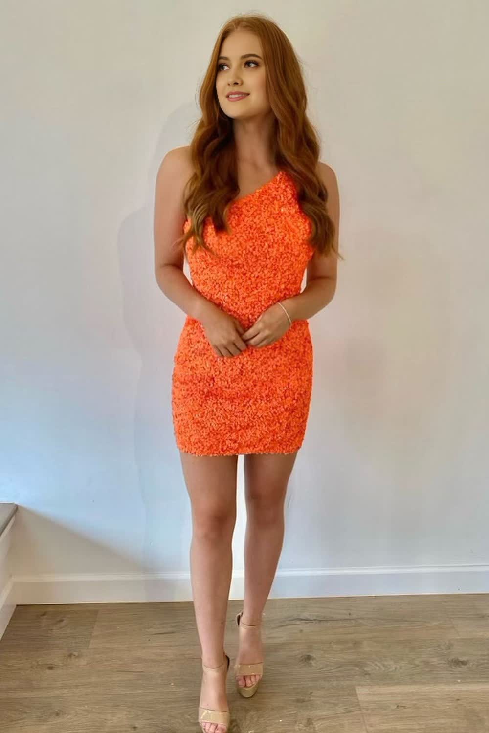 orange one shoulder sequined homecoming dress