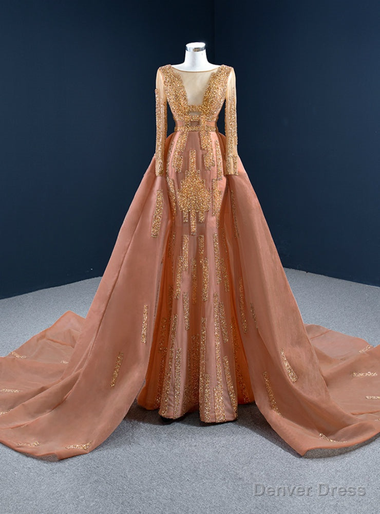 Orange Red Mermaid Tulle Long Sleeve Beading Prom Dresses Main image