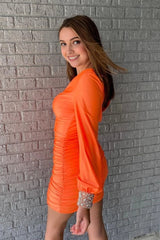 orange ruched tight homecoming dress