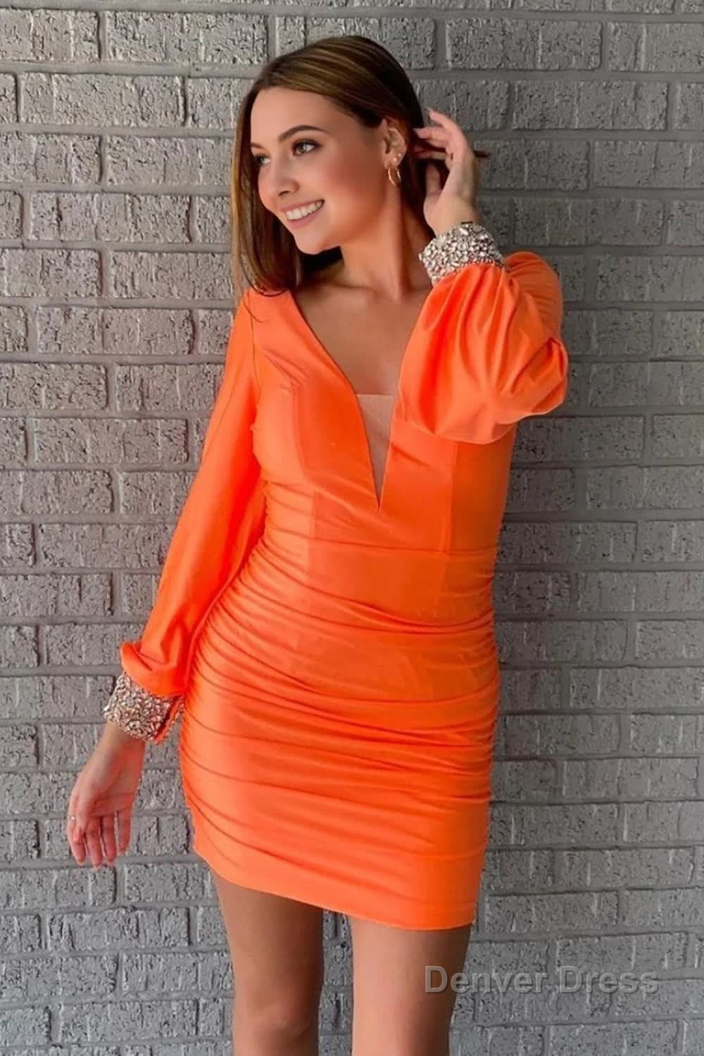 Orange Ruched Tight Homecoming Dresses Main image