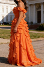Orange Ruffled A-Line Square Neck Long Prom Dresses