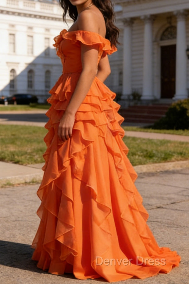 Orange Ruffled A-Line Square Neck Long Prom Dresses