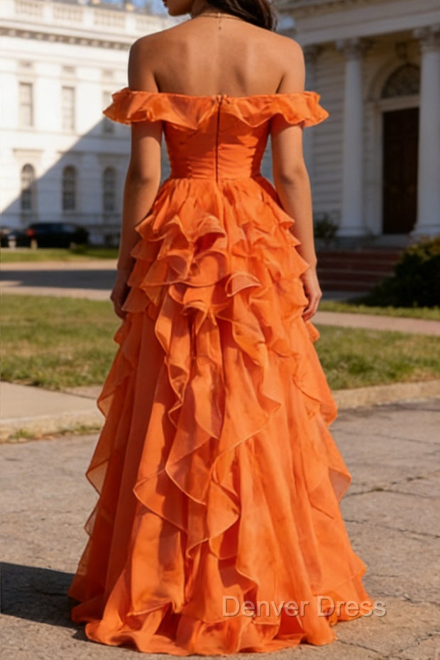 Orange Ruffled A-Line Square Neck Long Prom Dresses