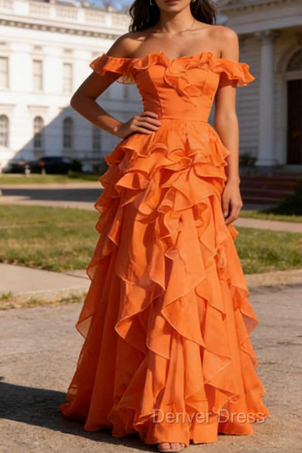 Orange Ruffled A-Line Square Neck Long Prom Dresses Main image
