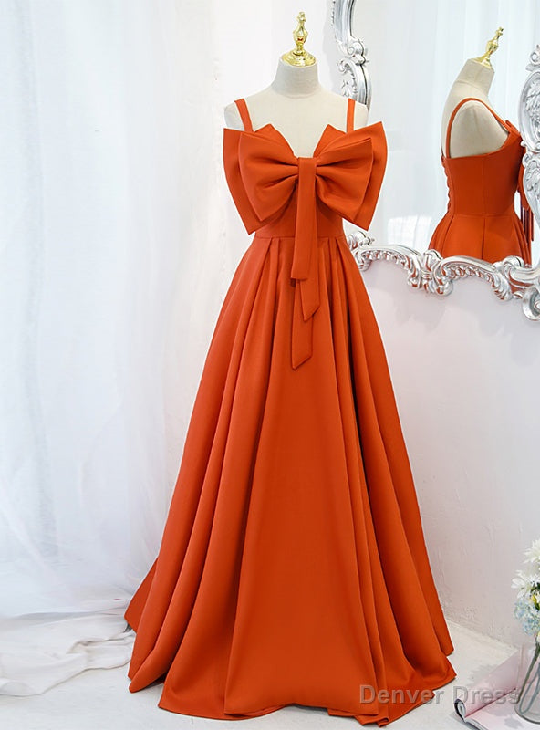 Orange Sapghetti Straps Bow Long Prom Dresses