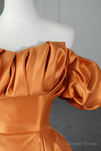 Orange Satin A Line Floor Length Prom Dress, Off the Shoulder Prom Dresses