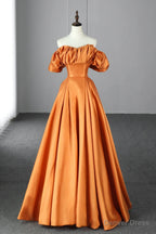 Orange Satin A Line Floor Length Prom Dress, Off the Shoulder Prom Dresses