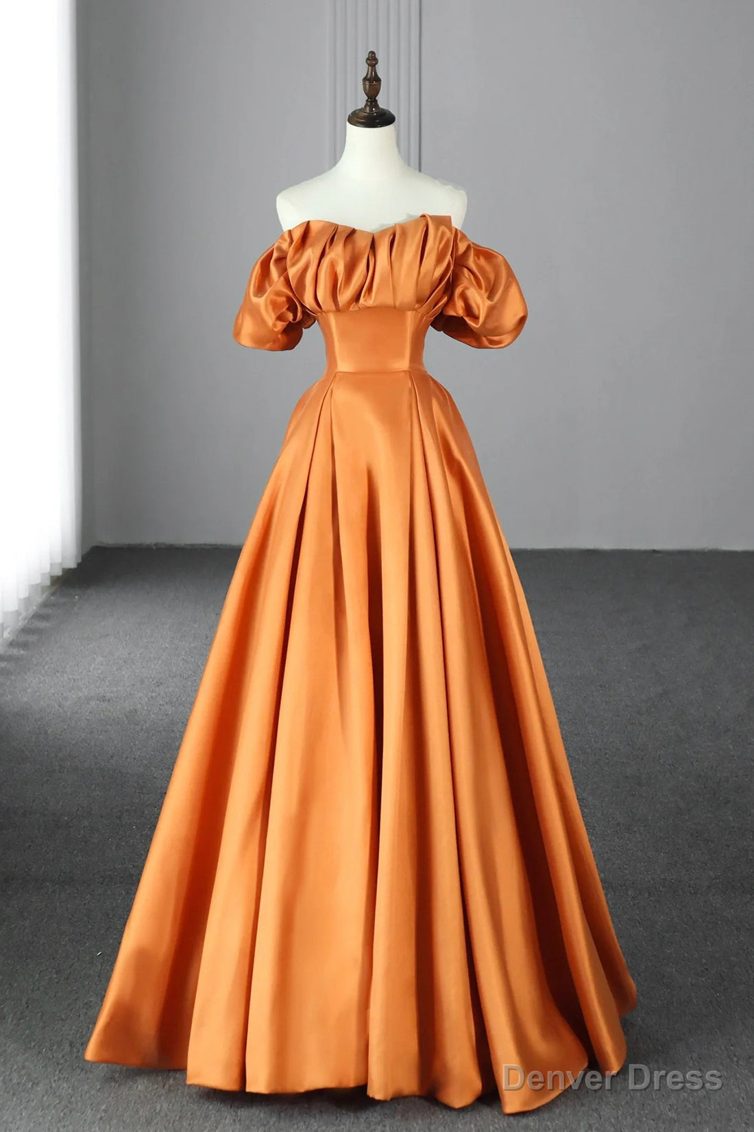 Orange Satin A Line Floor Length Prom Dress, Off the Shoulder Prom Dresses