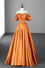 Orange Satin A Line Floor Length Prom Dress, Off the Shoulder Prom Dresses