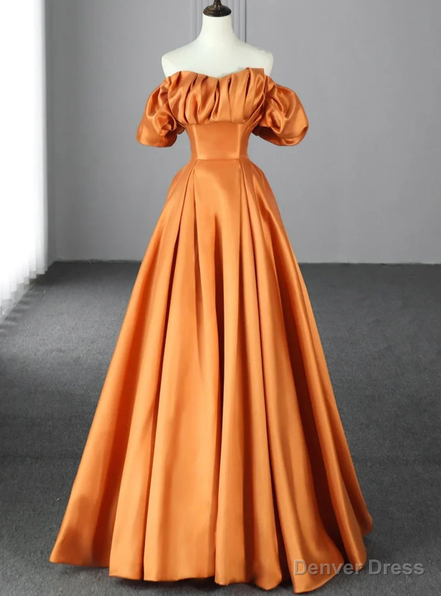 Orange Satin Off the Shoulder Pleats Prom Dresses