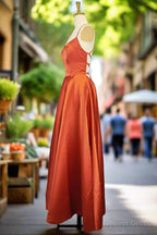 Orange Satin Prom Dress A Line Square Neckline Spaghetti Straps Sweep Train Prom Dresses